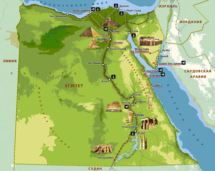Карта достопримечательностей Египта - маршруты основных экскурсий